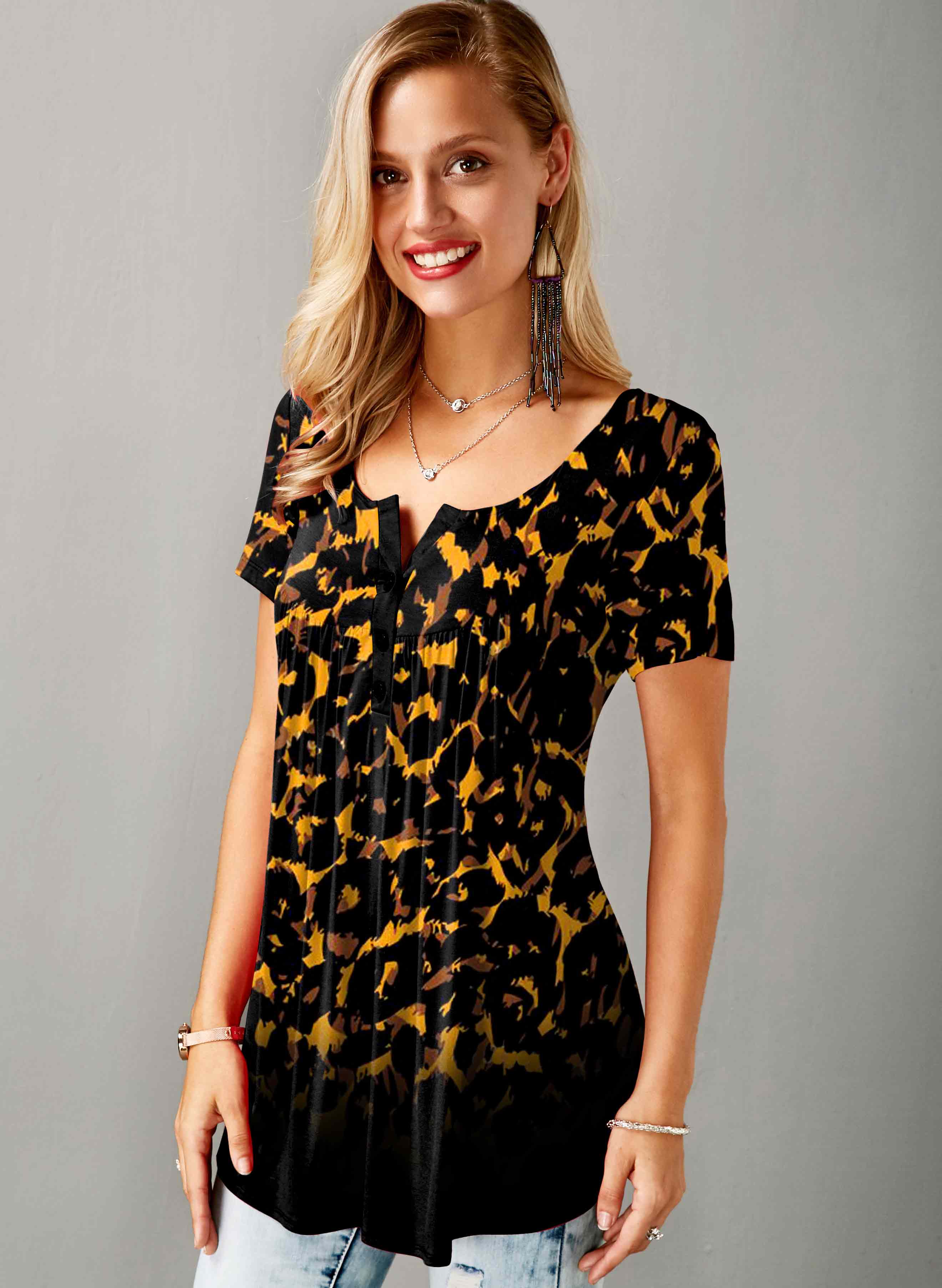 Multi Color tops,Leopard tops,ROTITA Split Neck Short Sleeve Leopard Blouse