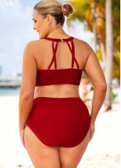 Wine Red plus size,Contrast Color plus size,ROTITA Plus Size High Waisted Lace Stitching Bikini Set