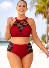 ROTITA Plus Size High Waisted Lace Stitching Bikini Set