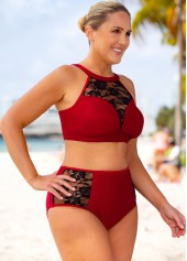 Wine Red plus size,Contrast Color plus size,ROTITA Plus Size High Waisted Lace Stitching Bikini Set