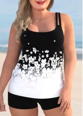 ROTITA Plus Size Floral Print Spaghetti Strap Ombre Tankini Set