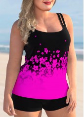 Hot Pink plus size,Ditsy Floral plus size,ROTITA Plus Size Ombre Floral Print Spaghetti Strap Tankini Set