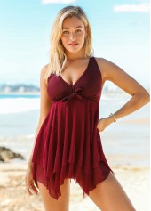 Wine Red swimwear,Plain Color swimwear,ROTITA Asymmetric Hem Bowknot Solid Swimdress and Panty