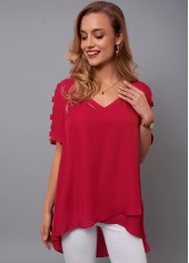 Red tops,Plain Color tops,ROTITA V Neck Cutout Sleeve Asymmetric Hem Blouse