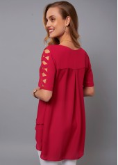 Red tops,Plain Color tops,ROTITA V Neck Cutout Sleeve Asymmetric Hem Blouse