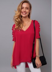 Red tops,Plain Color tops,ROTITA V Neck Cutout Sleeve Asymmetric Hem Blouse
