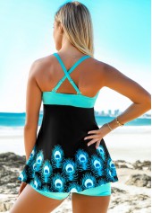 Black swimwear,Tribal swimwear,ROTITA Criss Cross Back Feathers Print Spaghetti Strap Swimdress and Shorts