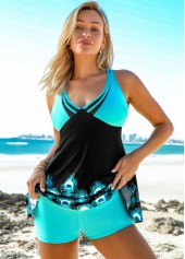 Black swimwear,Tribal swimwear,ROTITA Criss Cross Back Feathers Print Spaghetti Strap Swimdress and Shorts