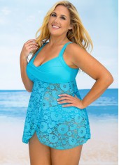 Sky Blue plus size,Plain Color plus size,ROTITA Crossover Hem Lace Stitching Plus Size Swimdress and Panty 