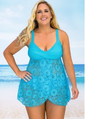 Sky Blue plus size,Plain Color plus size,ROTITA Crossover Hem Lace Stitching Plus Size Swimdress and Panty 