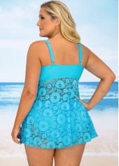 Sky Blue plus size,Plain Color plus size,ROTITA Crossover Hem Lace Stitching Plus Size Swimdress and Panty 