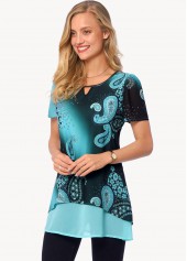 Multi Color tops,Paisley tops,ROTITA Layered Paisley Print Short Sleeve Blouse