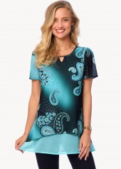 Multi Color tops,Paisley tops,ROTITA Layered Paisley Print Short Sleeve Blouse