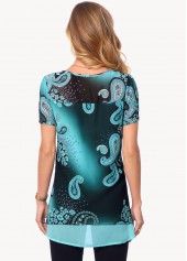 Multi Color tops,Paisley tops,ROTITA Layered Paisley Print Short Sleeve Blouse