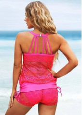 Hot Pink swimwear,Plain Color swimwear,ROTITA Cage Back Lace Stitching Drawstring Side Tankini Set 