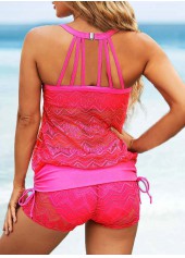 Hot Pink swimwear,Plain Color swimwear,ROTITA Cage Back Lace Stitching Drawstring Side Tankini Set 