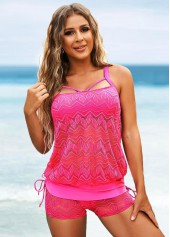 Hot Pink swimwear,Plain Color swimwear,ROTITA Cage Back Lace Stitching Drawstring Side Tankini Set 