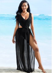 Black swimwear,Plain Color swimwear,ROTITA Mesh Stitching Sheer Solid Coverup Dress