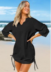 Split Neck Solid Drawstring Side Cover Up