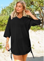 Black swimwear,Plain Color swimwear,Split Neck Solid Drawstring Side Cover Up