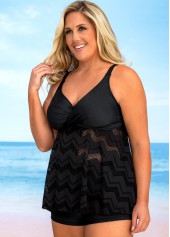 Black plus size,Plain Color plus size,ROTITA Plus Size Lace Stitching Solid Tankini Set 