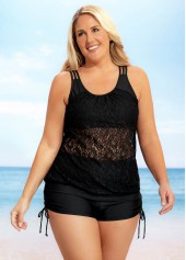 Black plus size,Plain Color plus size,ROTITA Plus Size Lace Patchwork Solid Tankini Set