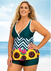 Green plus size,Floral plus size,ROTITA Floral and Chevron Print Plus Size Wide Strap Tankini Set 