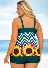 Green plus size,Floral plus size,ROTITA Floral and Chevron Print Plus Size Wide Strap Tankini Set 