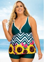 Green plus size,Floral plus size,ROTITA Floral and Chevron Print Plus Size Wide Strap Tankini Set 