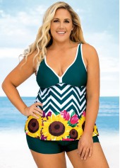 Green plus size,Floral plus size,ROTITA Floral and Chevron Print Plus Size Wide Strap Tankini Set 