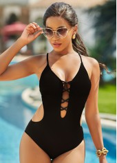 ROTITA Cross Strap Lace Up Solid One Piece Swimwear