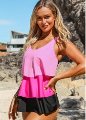 Contrast Color swimwear,ROTITA Contrast Layered Hem Wide Strap Tankini Set 