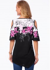 Multi Color tops,Floral tops,ROTITA Asymmetric Hem Floral Print Cold Shoulder T Shirt