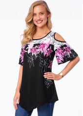 Multi Color tops,Floral tops,ROTITA Asymmetric Hem Floral Print Cold Shoulder T Shirt