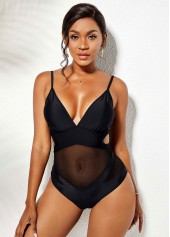 Black swimwear,Plain Color swimwear,ROTITA Spaghetti Strap Mesh Stitching Cutout One Piece Swimwear