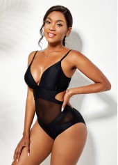 Black swimwear,Plain Color swimwear,ROTITA Spaghetti Strap Mesh Stitching Cutout One Piece Swimwear