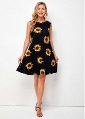 Multi Color dresses,Plants dresses,Everyday dresses,Casual dresses,ROTITA Sleeveless Sunflower Print Round Neck Dress