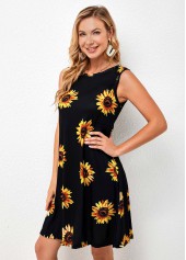 Multi Color dresses,Plants dresses,Everyday dresses,Casual dresses,ROTITA Sleeveless Sunflower Print Round Neck Dress