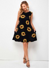 Multi Color dresses,Plants dresses,Everyday dresses,Casual dresses,ROTITA Sleeveless Sunflower Print Round Neck Dress
