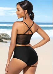 Black swimwear,Plain Color swimwear,ROTITA Center Shirred High Waist Spaghetti Strap Bikini Set 