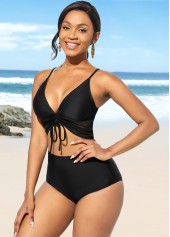 Black swimwear,Plain Color swimwear,ROTITA Center Shirred High Waist Spaghetti Strap Bikini Set 