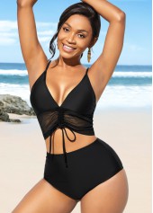 Black swimwear,Plain Color swimwear,ROTITA Center Shirred High Waist Spaghetti Strap Bikini Set 