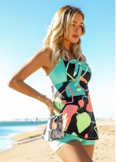 Multi Color swimwear,Geometric swimwear,ROTITA Bowknot Geometric Print Bib Neck Tankini Set