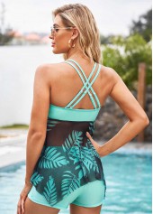 Multi Color swimwear,Plants swimwear,ROTITA Asymmetric Hem Leaf Print Cross Strap Tankini Set