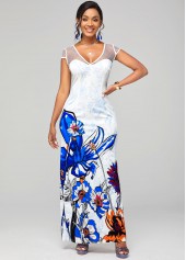 Multi Color dresses,Floral dresses,ROTITA Floral Print Fishnet Panel Short Sleeve Dress 