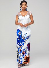 Multi Color dresses,Floral dresses,ROTITA Floral Print Fishnet Panel Short Sleeve Dress 