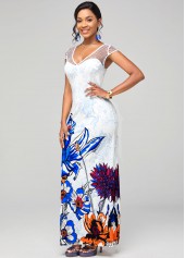 Multi Color dresses,Floral dresses,ROTITA Floral Print Fishnet Panel Short Sleeve Dress 