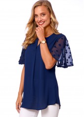 Navy tops,Dot tops,ROTITA Split Neck Chiffon Polka Dot Blouse