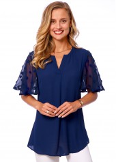 Navy tops,Dot tops,ROTITA Split Neck Chiffon Polka Dot Blouse