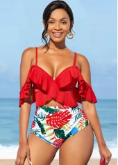 Red swimwear,Plants swimwear,Spaghetti Strap Flounce High Waisted Bikini Set